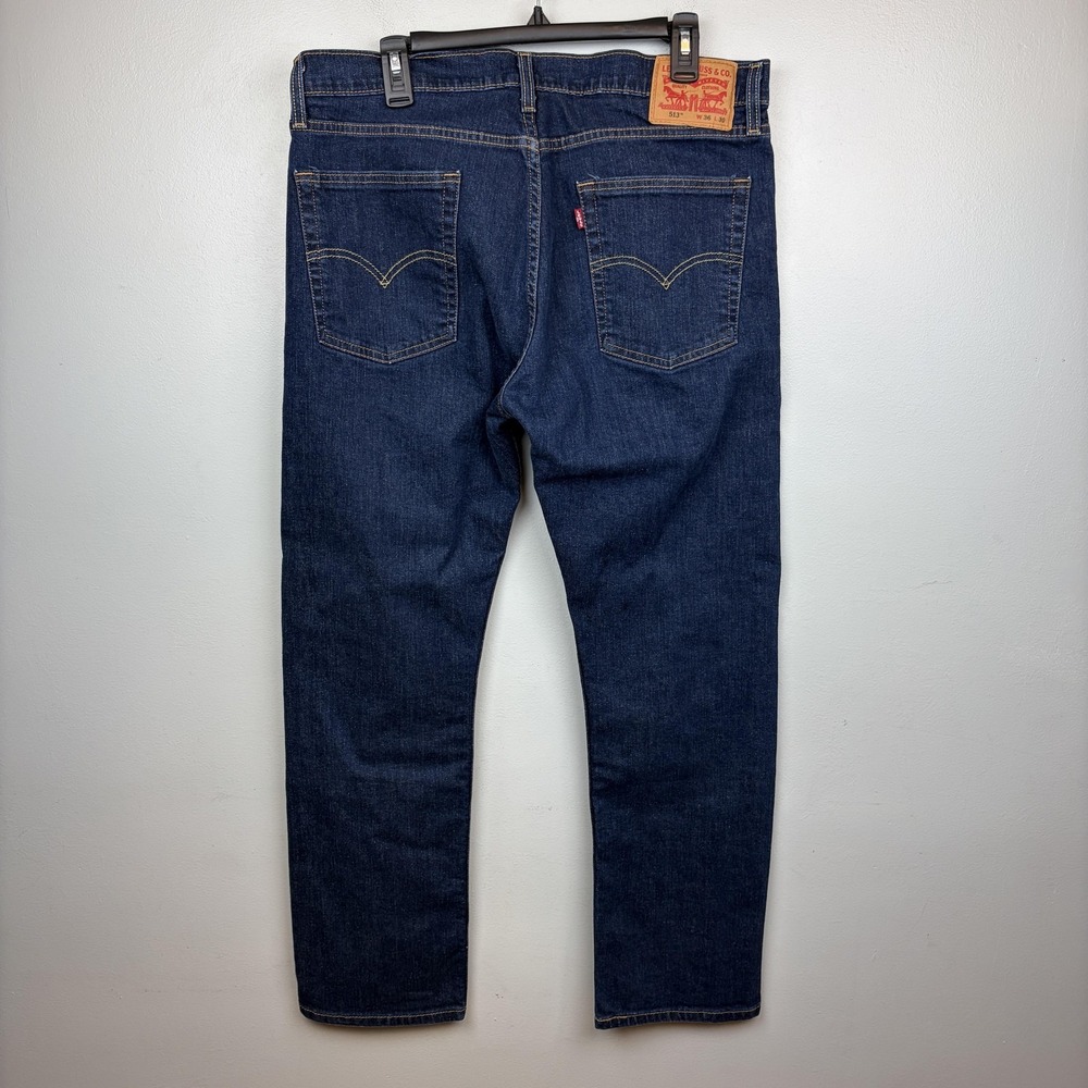 Levis 513 Jeans Mens Blue Dark Wash Denim Slim Straight Zip Fly Classic 36x30 - Picture 2 of 8